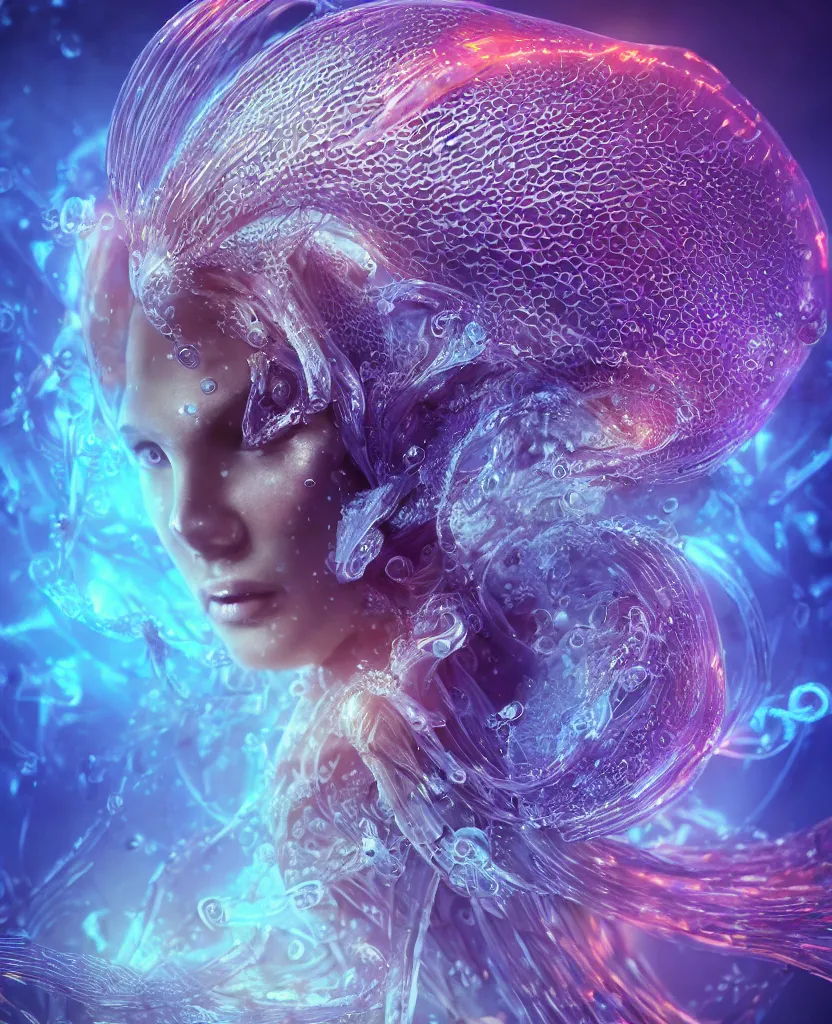 Image similar to close-up macro portrait of the face of a beautiful princess, epic angle and pose, symmetrical artwork, 3d with depth of field, blurred background, cybernetic jellyfish female face skull phoenix bird, translucent, nautilus, energy flows of water and fire. a highly detailed epic cinematic concept art CG render. made in Maya, Blender and Photoshop, octane render, excellent composition, cinematic dystopian brutalist atmosphere, dynamic dramatic cinematic lighting, aesthetic, very inspirational, arthouse. y Greg Rutkowski, Ilya Kuvshinov, WLOP, Stanley Artgerm Lau, Ruan Jia and Fenghua Zhong