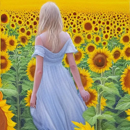 Prompt: a blonde babe slowly walking through amazing tall sunflower field, her blonde hair flowing down, subtle, intricate details, real masterpiece, oil on canvas, by somsak anong