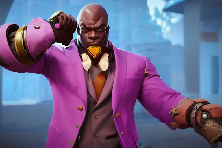 Image similar to doomfist, pink blazer, overwatch game, digital art, high detailed, unreal engine, artstation, 3 d render