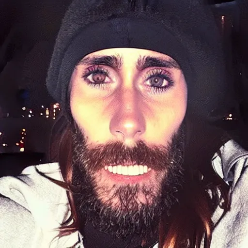 Prompt: this homeless man looks like jared leto if he was poor asf, accidentally taking a selfie, front camera, camera flash is so bright in his face, viral, selfie, viral on twitter, viral on instagram, viral photo