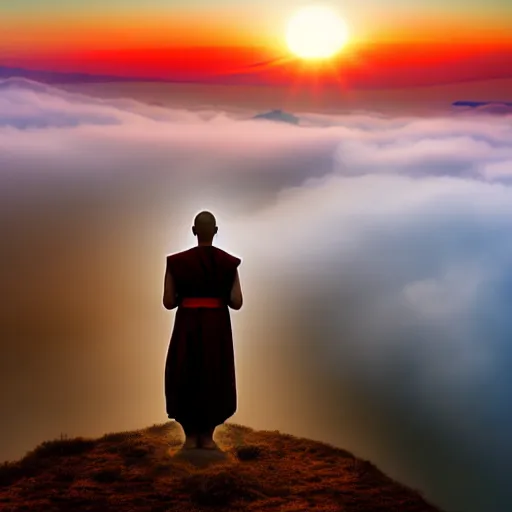Prompt: a monk posing on top of mountain, fog, symmetrical, Studio Ghibli style, sunset, beautiful, symmetrical
