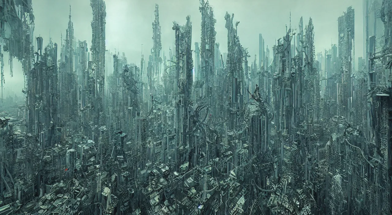 Image similar to cyberpunk bangkok, biomechanical cityscape, by zdzislaw beksinski, by josip csoor, hr giger, aesthetic, masterpiece, photorealistic, volumetric lighting, horror, detailed, intricate, recursive, raytrace, octane, cgscociety,