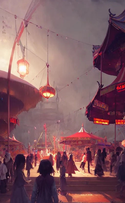 Image similar to close - up of student witches exploring and patrolling around a small carnival amusement, food stalls, big top circus tent, roaming entertainers, flashing lights, highly detailed, magical, japan mountains, digital painting, concept art, matte, art by ruan jia and wlop and greg rutkowski and makoto shinkai, masterpiece