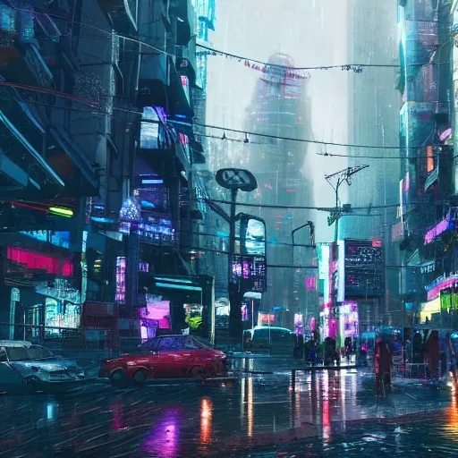 Prompt: a cyberpunk city in the rain, photo realistic, 8k