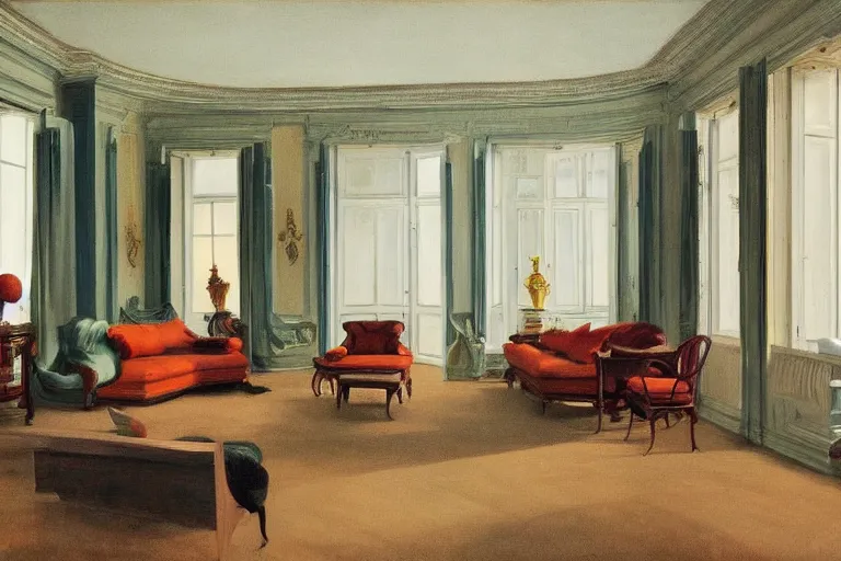 Prompt: beautiful furnished rococo apartment,evening light, in the style of Edward Hopper