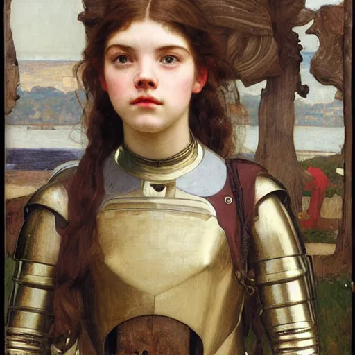 Image similar to a realistic face portrait of a teenage girl who looks like Uma Thurmond and Anya Taylor Joy with an anxious expression and parted lips, wearing mechanical robotic battle armor, by John William Waterhouse, Frederic Leighton, Alphonse Mucha, Edward Burne Jones