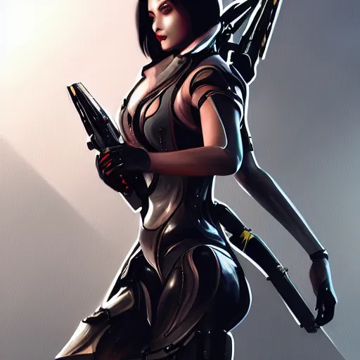 Image similar to A combination of Ada Wong's and Grace Kelly's and Ashley Greene's appearances wearing Warframe armor, high tech, action shot, angular, full body portrait, futuristic, dramatic, fantasy, intricate, elegant, highly detailed, digital painting, artstation, concept art, matte, sharp focus, illustration, 8K, art by Donato Giancola and James Gurney