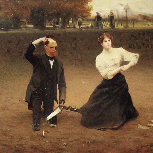 Image similar to young victorian man and woman diffusing a bomb, painted by alfred stevens