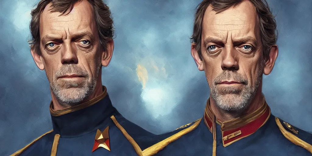 Image similar to portrait of Hugh Laurie wearing his starfleet captains uniform, close face shot, realistic character concept, high fantasy, light atmosphere, golden ratio, cinematic lighting, hyperdetailed, high resolution, insanely detailed and intricate, artstation, Marc Simonetti, Greg Rutkowski