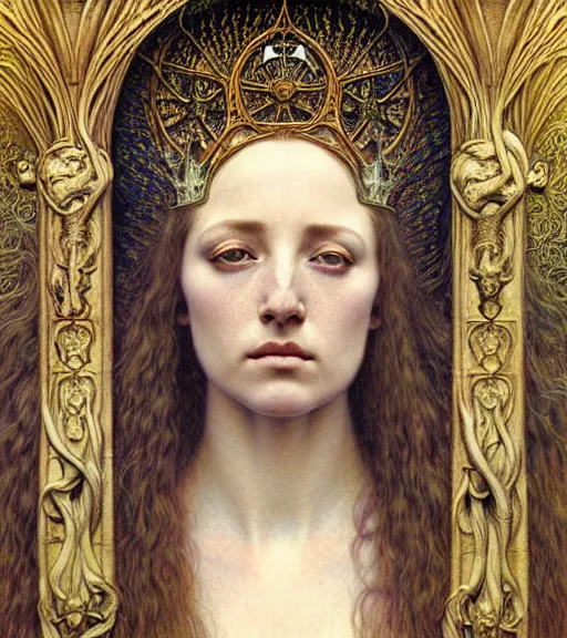 Image similar to detailed realistic beautiful young medieval queen face portrait by jean delville, gustave dore and marco mazzoni, art nouveau, symbolist, visionary, gothic, pre - raphaelite. horizontal symmetry by zdzisław beksinski, iris van herpen, raymond swanland and alphonse mucha. highly detailed, hyper - real, beautiful