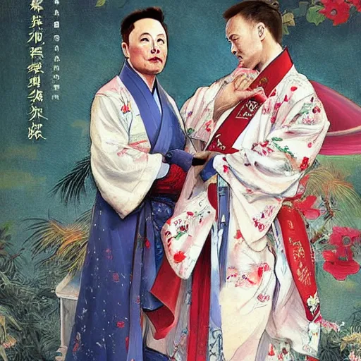 Image similar to elon musk wearing a hanfu with lily embroidery, in the style of Konstantin Razumov, extremely detailed