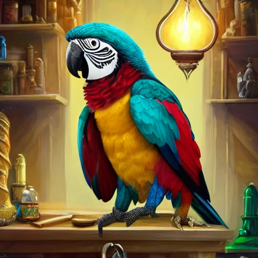 Prompt: Anthropomorphized parrot trader in his shop, shelves full, selling a gem, portrait, items, magic potions, window, warm lamp, fancy hat, sly expression , cunning expression, cute expression, presenting magic gem, D&D, fantasy, cinematic lighting, highly detailed, digital painting, artstation, concept art, smooth, sharp focus, illustration, warm light, cozy warm tint, magic the gathering artwork, volumetric lighting, 8k, no gold, no gold colours, art by Akihiko Yoshida, Greg Rutkowski