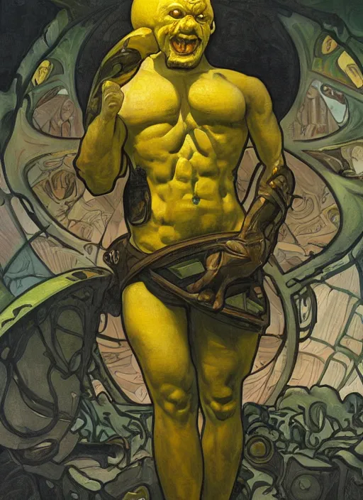 Image similar to renaissance grotesque full body portrait painting of angry crossfit lemon in a lemon themed spaceship going to a lemon portal, superior, character redesign by lee bermejo and greg rutkowski and alphonse mucha