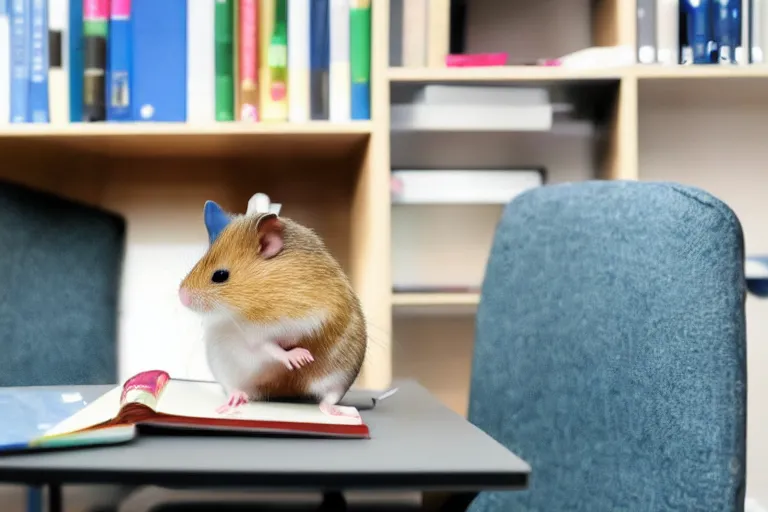 Prompt: a cute hamster reading working in an office