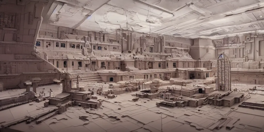 Prompt: Architectural model of a Soviet era science fiction set painted by James Jean, cinematography by Yo-Yo Ma, composition by Fritz Lang