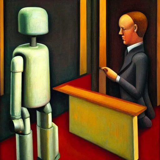 Image similar to three brutalist robot judges portrait, grant wood, pj crook, edward hopper, oil on canvas