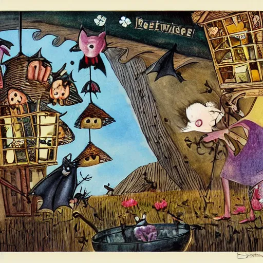 Image similar to bats picking up wishes for delivery at the Wish Factory, Wimmelbilder book by Brenda Haw, cut-away, find the hidden object, whimsical, cel-shaded, hyperdetailed, intricate, ArtStation