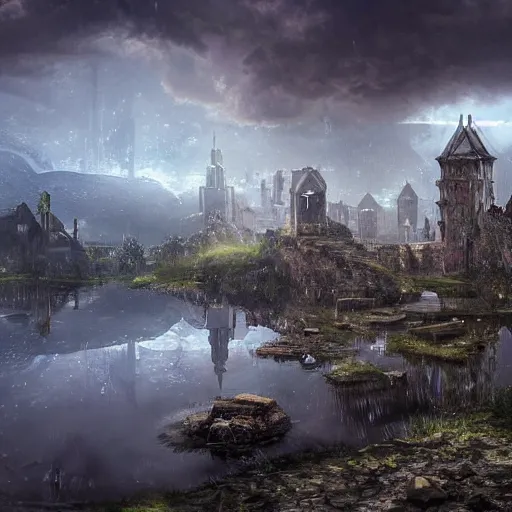 Prompt: a humongous city abandoned on the medieval highlands biome, digital art, wet reflections, intricate details, fantasy, hyper realism, humongous view, rtx, smooth, cinematic