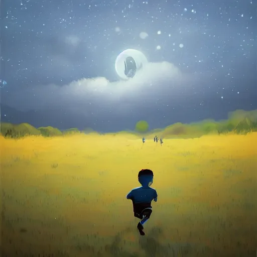 Image similar to boy running in the field surreal photography, dark night, stars, moon light, impressionist painting, clouds, digital painting, artstation, simon stalenhag