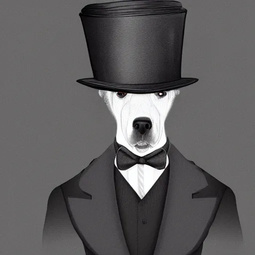 Image similar to portrait of a black dog wearing a suit and a top hat and a monocle on one eye, digital painting, duotone