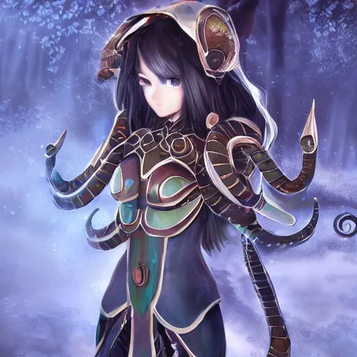 Prompt: portrait focus of knight beautiful 3D anime girl, octopus armor wearing, dark forest background, snowing, bokeh, inspired by Masami Kurumada, digital painting, high contrast, unreal engine render, volumetric lighting, high détail