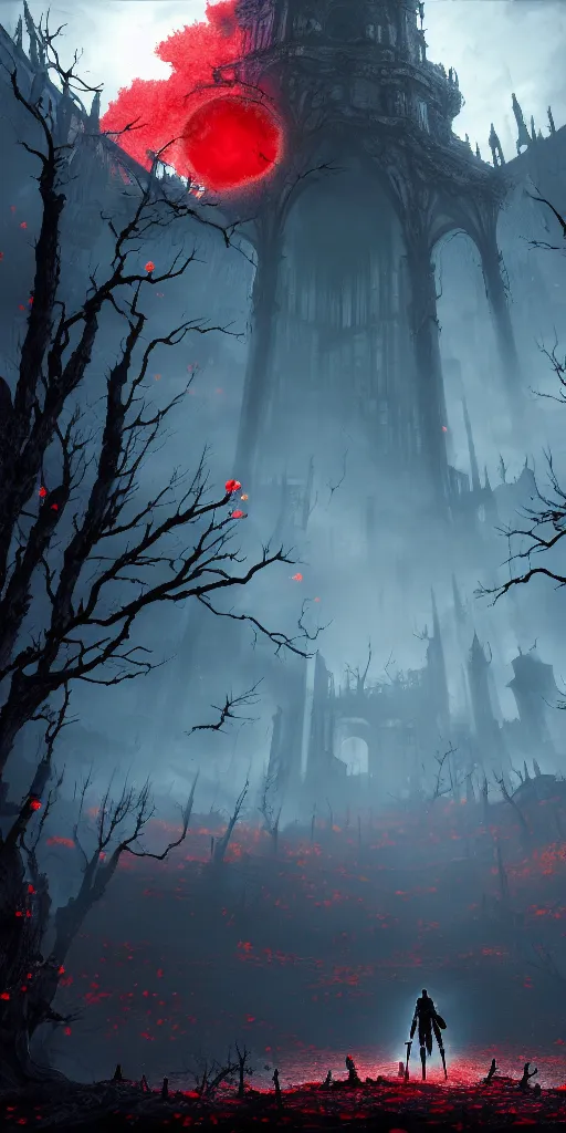 Image similar to abandoned bloodborne old valley with a person at the centre and a ruined city at the end, trees and stars in the background, falling red petals, epic red - orange moonlight, perfect lightning, illustration by niko delort and kentaro miura, 4 k, ultra realistic