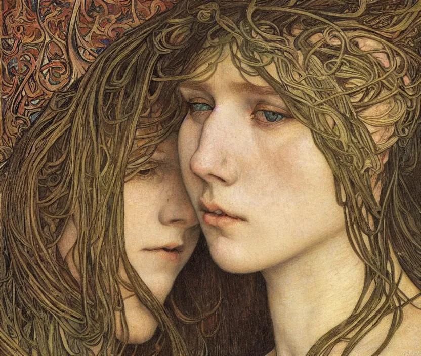Image similar to detailed realistic beautiful young medieval queen face portrait by jean delville, alphonse mucha, vincent van gogh, and marco mazzoni, art nouveau, symbolist, visionary, gothic, pre - raphaelite