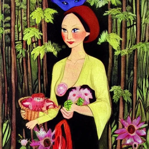 Image similar to In the print Vasilisa can be seen standing in the forest, surrounded by animals. She is holding a basket of flowers in one hand and a spindle in the other. Her face is turned towards the viewer, with a gentle expression. In the background, the forest is depicted as a dark and mysterious place. hollywood cerise, Monster Rancher by Hannah Hoch