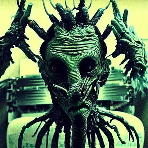 Image similar to “ugly grotesque gross insectoid mummy monster in a filthy dirty small room filled with garbage and networking cables. David Cronenberg. Body horror. Troma monster.”