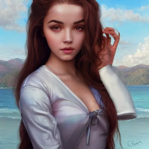 Prompt: tom bagshaw, very beautiful mix of madison beer and bella poarch and dove cameron in a sailor suit flirting smile, randomly lustrous dyed hair, professionally retouched, focus eyes, ultra realistic soft painting, insanely detailed linework, symmetrical accurate intricate features, behance artstation, 8 k, - signature