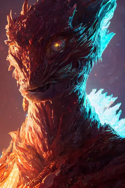 Image similar to A fancy portrait of a crystalized dragon by Greg Rutkowski, beeple, Sung Choi, Mitchell Mohrhauser, Maciej Kuciara, Johnson Ting, Maxim Verehin, Peter Konig, final fantasy, macro lens , 8k photorealistic, cinematic lighting, HD, high details, dramatic, dark atmosphere, trending on artstation