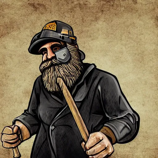 Prompt: Retro coal miner with a long beard coal mining for Bitcoin coins with a pickaxe. Extremely detailed. Award winning digital art. Intense.