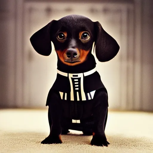 Prompt: a movie capture of a darth vader chiweenie, cinematic