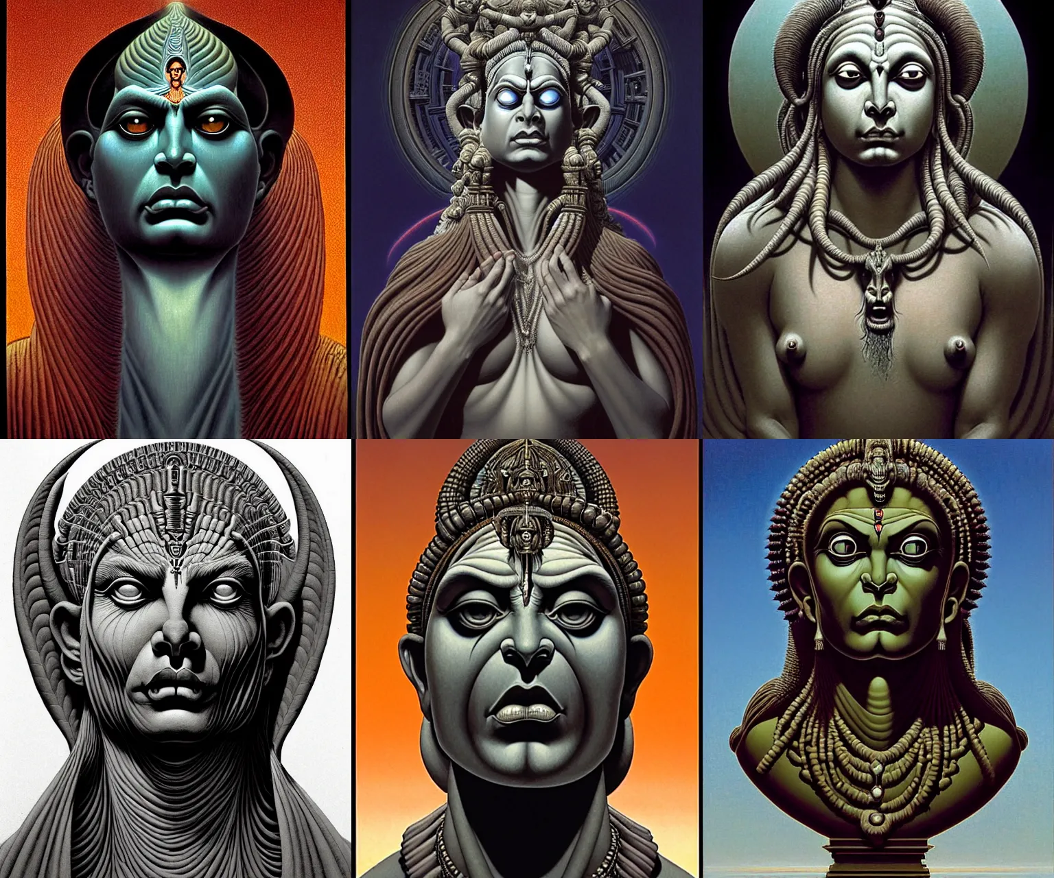 Prompt: a cinematic masterpiece bust portrait of a colossal gothic Hindu demon goddess of grief, sorrow, melancholy and despair, head and shoulders only, by Alex Grey, by Wayne Barlowe, by Tim Hildebrandt, by Bruce Pennington, by Zdzisław Beksiński, by Paul Lehr, by Antonio Canova, by Caravaggio, by by Jacques-Louis David, oil on canvas, masterpiece, trending on artstation, featured on pixiv, cinematic composition, astrophotography, dramatic pose, beautiful lighting, sharp, details, details, details, hyper-detailed, no frames, HD, HDR, 4K, 8K