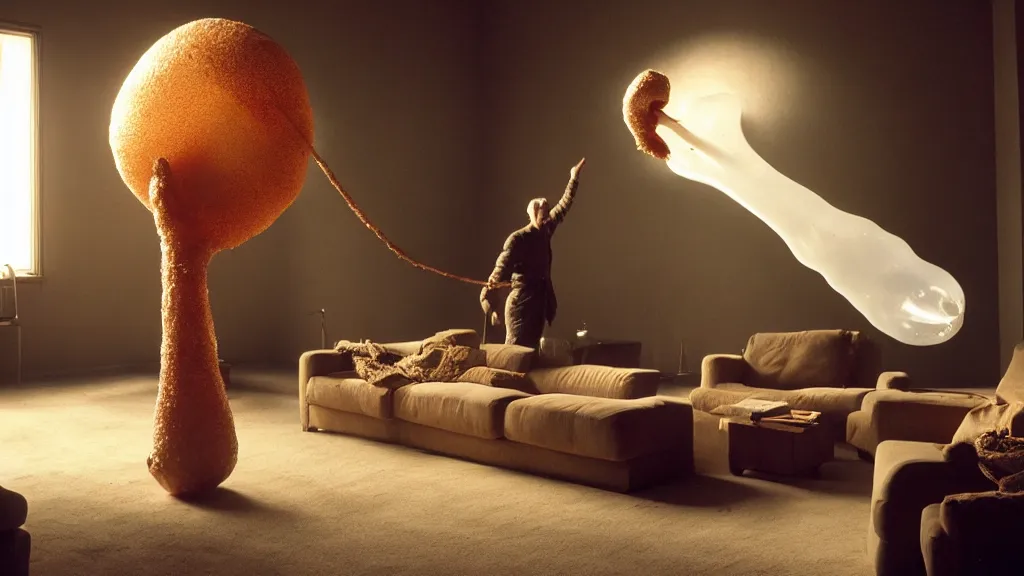 Image similar to a giant hand made of wax and water floats through the living room, film still from the movie directed by Denis Villeneuve with art direction by Salvador Dalí, wide lens