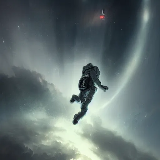 Image similar to dead astronaut falling through the clouds in jupiter, by cedric peyravernay, highly detailed, excellent composition, cinematic concept art, dramatic lighting, trending on artstation