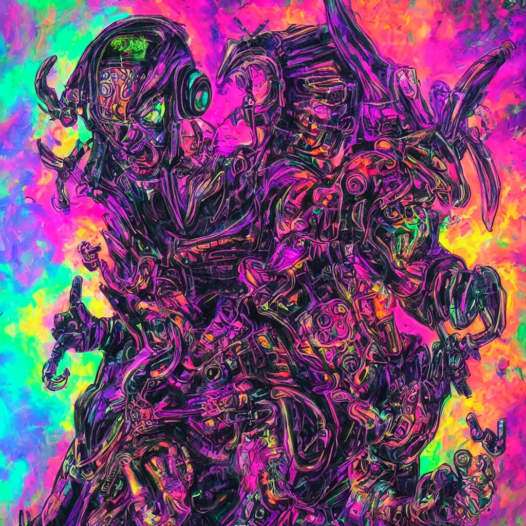 Prompt: psychedelic cyberpunk demon painting, rocking out, headphones DJ Rave