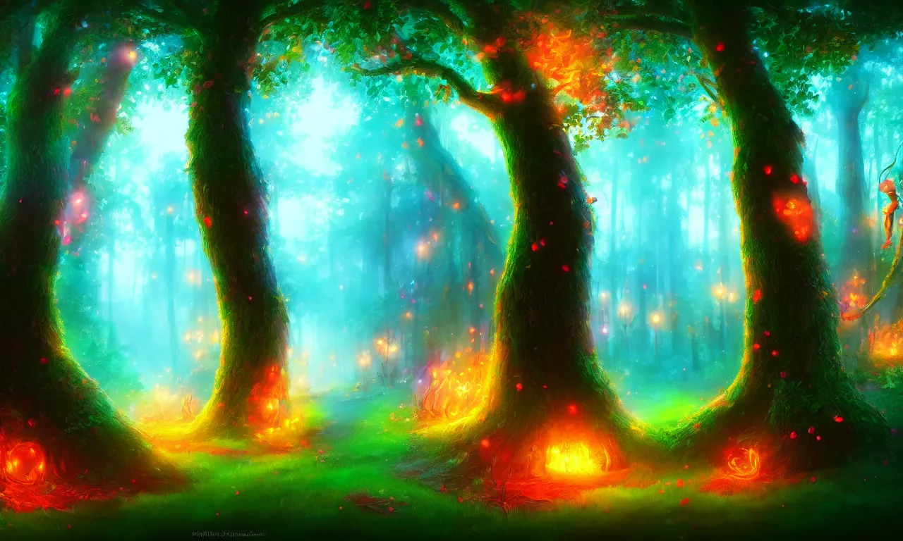 Image similar to enchanted magical forest on magical colorful fire , digital painting , digital art , artstation , devian art , 4k , HD