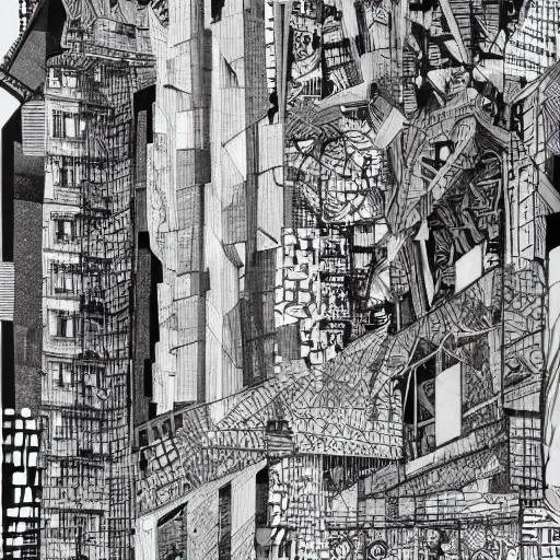 Image similar to a black and white drawing of a building, a detailed mixed media collage by hiroki tsukuda and eduardo paolozzi, intricate linework, sketchbook drawing, street art, polycount, deconstructivism, matte drawing, academic art, constructivism