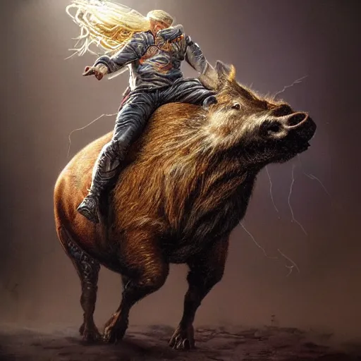 Image similar to hyperrealistic mixed media painting of Trump riding a Boar, stunning 3d render inspired art by P. Craig Russell and Barry Windsor-Smith, 8k octane beautifully detailed render, post-processing, extremely hyperdetailed, intricate, epic composition, grim yet sparkling atmosphere, cinematic lighting + masterpiece, trending on artstation, very detailed, masterpiece, stunning