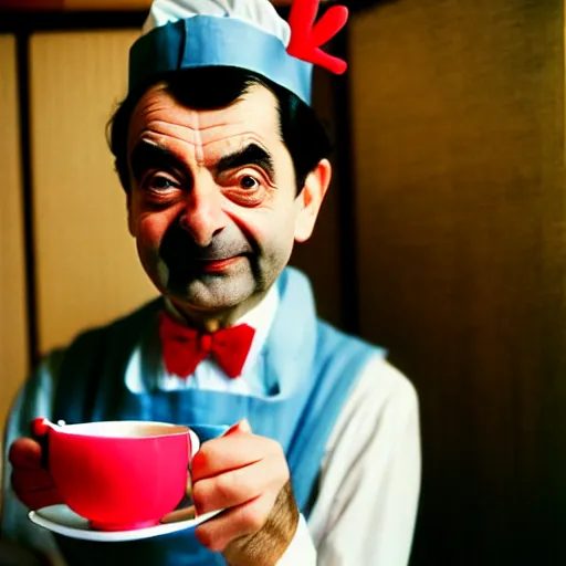 Image similar to close - up of mr. bean joyfully serving you tea at a japanese maid cafe, frilly outfit, soft focus, national geographic, depth of field, 3 5 mm, 8 k, photograph by annie leibovitz