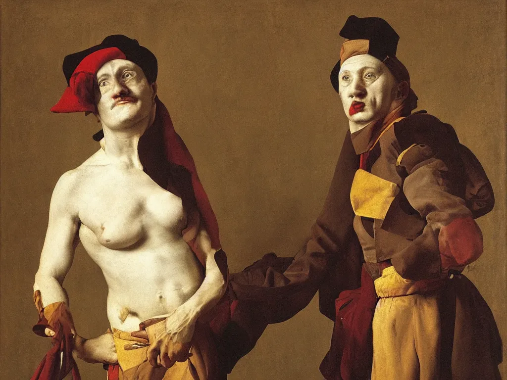 Image similar to portrait of circus performer. painting by georges de la tour, jan van eyck, august sander.