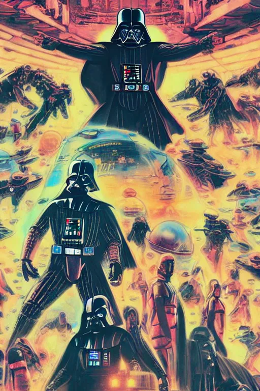 Prompt: the most amazing dream of darth vader science fiction dj deathstar turntable disco astronauts at a rave, syd mead, dan mumford, moebius, hd, vibrant color, high contrast, digital illustration, marvel comicbook cover