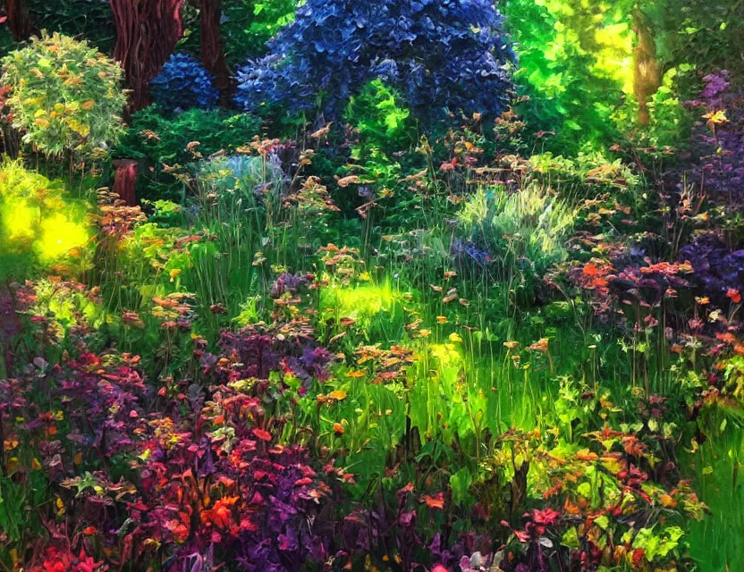 Image similar to metallic garden. oil painting by award - winning comic artist. backlighting, chiaroscuro, depth of field, luminescent colors.