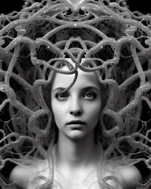 Image similar to surreal mythical dreamy underwater artistic black and white 3 d render of a translucent beautiful young female angelic - medusa - vegetal - doll, highly detailed, intricate crystal ivy jelly ornate, poetic, translucent algae ornate, digital art, octane render, 8 k artistic photography, photo - realistic, hg giger flora borsi