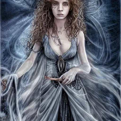 Prompt: dressed Hermione in tattoos conjuring with a magic wand, by luis royo, beautiful gown, beautiful eyes, Beautiful face, high detail, high resolution