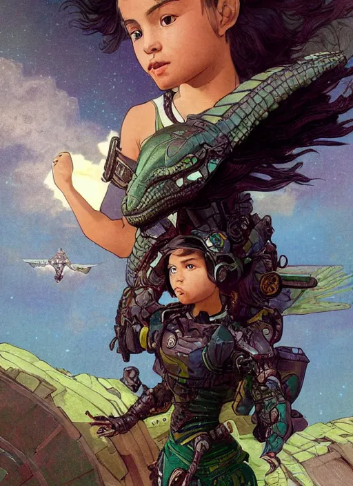 Prompt: portrait of a little cyborg warrior girl character sitting on top of a giant armored dinosaur bird flying in space, epic character with dark skin and beautiful green eyes. the girl has a very beautiful detailed symmetrical face, long black hair. diffuse night light, dramatic landscape, fantasy illustration, matte painting by mucha