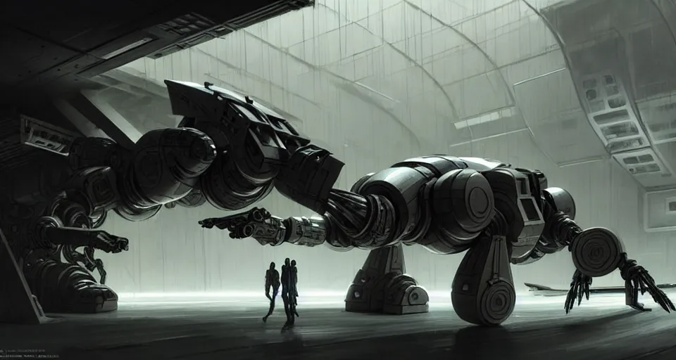 Prompt: hyper realistic sci - fi matte concept art painting of a spider - shaped mecha in a starship hanger, beautiful details, strong composition painted by kim jung guweta studio rutkowski, james gurney and greg rutkowski, and lucasfilm, smooth, intricate, detailed, sharp focus, cinematic