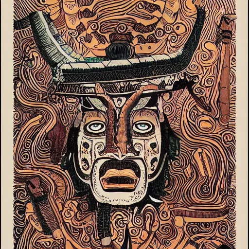 Image similar to illustration of mayan jaguar warrior, resolved, showing conviction or humor by a gloomy silence or reserve, by studio multi and victo ngai, malika favre, william s burroughs, cut up film