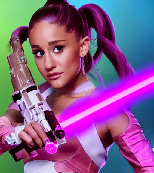 Image similar to A hyper realistic photo of Ariana Grande in the Star Wars universe with two pink lightsabers held in each hand, action pose. Maximum detail on artstation, photo realism, vivd details, vivd colour